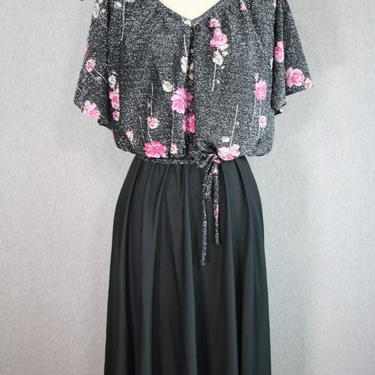 1970s Black Lame Party Dress || Pink Floral || Lady Carol - Size Medium 