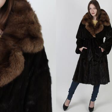 Mid Length Mahogany Mink Coat / Womens Authentic Sable Mink Collar / Vintage 80s Darkest Brown Luxury Belted Maxi Jacket 