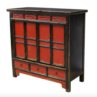 Antique Chinese Red & Black Lacquered Hardwood Decorative Cabinet 