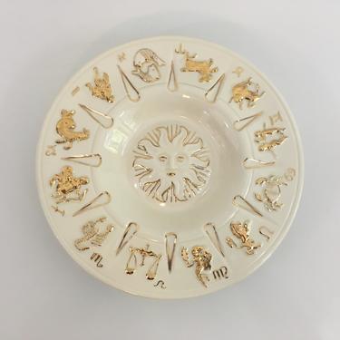 Vintage Zodiac Dish Plate Horoscope 1970s Astrology Ashtray Gold White Hand Painted 70s Sun Celestial Mid-Century Modern Decor MCM 