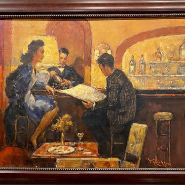 Art Deco Painting by Georges Guinegault "in a Bar" Oil on Canvas 1945