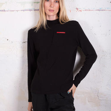 Vintage PRADA Linea Rossa Black Logo Turtleneck Top Monogram Long Sleeve Minimal Y2K 