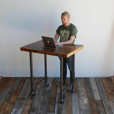 Solid Wood Standing Desk on 5&amp;quot; locking casters/wheels and reclaimed wood top in choice of size, height and finish. Custom orders welcome. 