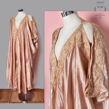 1920's Silk Evening Coat Flapper Cape Dress Gown Peach Pink Embroidered Antique Vintage 20's Fabric Textile Trim Embroidery 