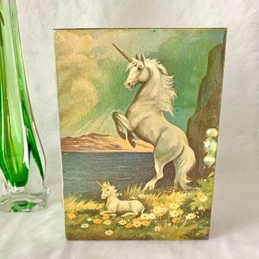 Unicorns Mother &amp; Baby, Wood Jewelry Box, Hand-Crafted Decor, Decoupage, Vintage 