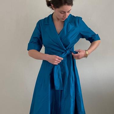 90s silk wrap dress / vintage teal peacock blue silk dupioni blazer collared wrap dress | S M 