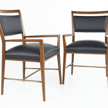 Paul McCobb For Calvin Group Mid Century Walnut Brass and Leather Captain Chairs - Pair - mcm 