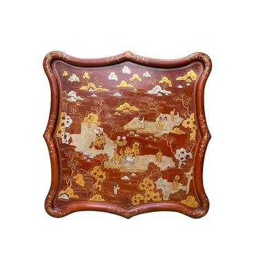 Chinese Brick Red Lacquer Golden Scenery Square Tray Display Art ws1894E 