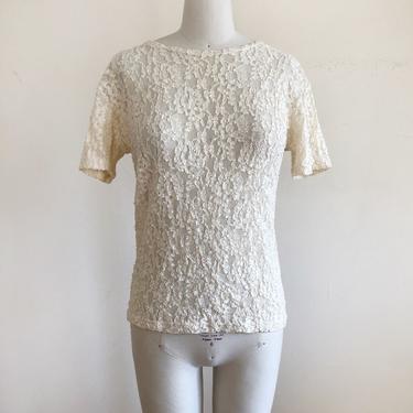 Short-Sleeved, Cream, Textured Lace Top - Late 1980s 