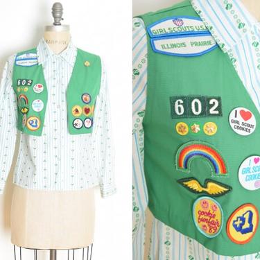 vintage 80s top girl scout vest printed blouse shirt loaded patches green XS clothing 