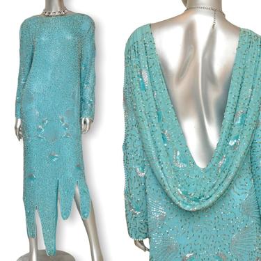 Vintage Turquoise Blue Silk Sequins and Beaded Asymmetrical Evening Gown s/m 