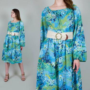 1970's Blue Floral Print Peasant Dress with Poet Sleeves 70's Floral Print Dress Printed Long Sleeve Chiffon Dress 70's Flower Print Dress 