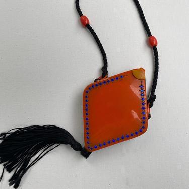 Antique Celluloid Vanity Purse 20's-30's, Art Deco, Wristlet Cord, Flapper Purse, Orange And Black With Blue Rhinestones, Armand Rouge 