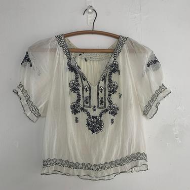 1930s Hungarian Peasant Blouse With Black Embroidery 34 Bust Vintage 