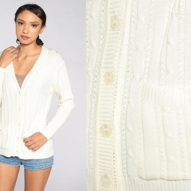 Cable Knit Cardigan 70s Cream Sweater Boho Hippie Acrylic Wooden Button Up Slouchy 80s Vintage Bohemian Cableknit Medium 