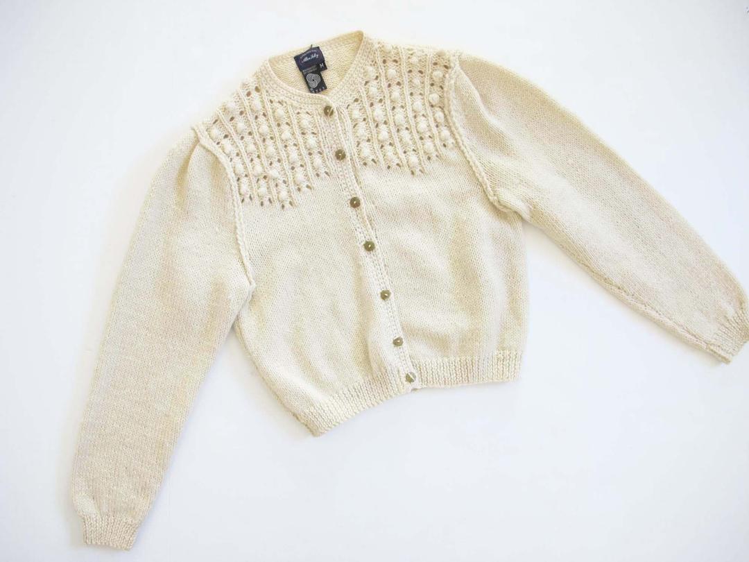 Vintage 70's Knit Cream Off White Cardigan Wooden Large Button on sale Collared Sweater