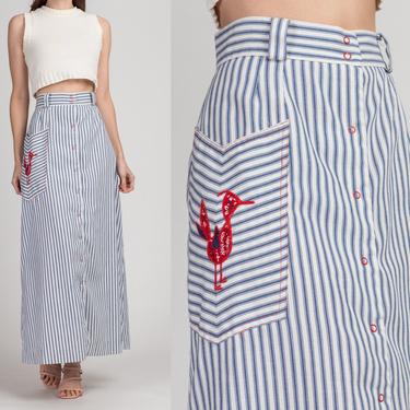 70s Novis Denne Roadrunner Pinstripe Maxi Skirt - Medium, 29&amp;quot; | Vintage Blue White Striped High Waist A Line Long Skirt 