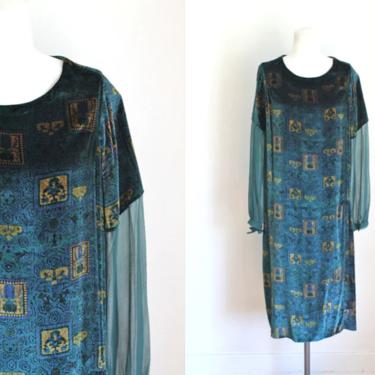 vintage 1920s Teal Silk Velvet Dress / M 