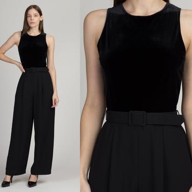 90s Minimalist Black Belted Jumpsuit - Small | Vintage Sleeveless Velvet Bodice Chic Pantsuit 
