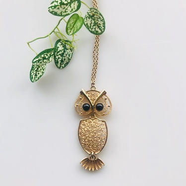 Gold 1970s Long Owl Necklace