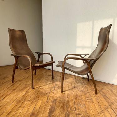 Leather Sling Lounge Chairs Pair Rustic Highback Sculptural Wire Brushed Tobacco 
