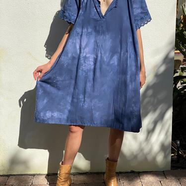 Antique Summer Dress / Cotton Indigo Peasant Dress / Indigo Dyed Blue Haute Hippie Dress / Festival / Very Old Nightwear / Boho Nightgown 
