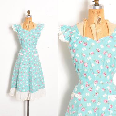 Vintage 1940s Dress / 40s Bow and Rose Print Cotton House Dress / Aqua Blue ( large L ) 