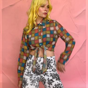 Colorful 90s Check Cropped Blouse with Tie 