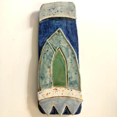 Unique Abstract Ceramic Wall Art Plaque with crackle, blue, and green glaze, 3.75” W x 10.25” H 
