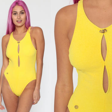Yellow Bathing Suit BACKLESS High Cut Swimsuit 90s One Piece Swim Suit Cutout Keyhole Sessa Vintage Retro 80s Small 