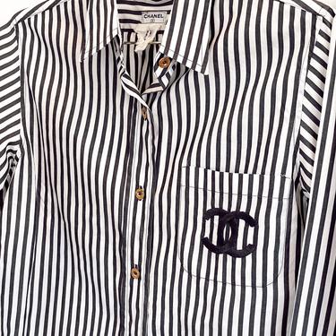 Vintage CHANEL Huge CC Logo &amp; Chanel buttons Striped Blue White Button Up Shirt Blouse 