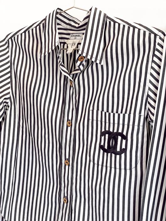 Vintage Chanel Blue Striped Logo Button Top – Treasures of NYC