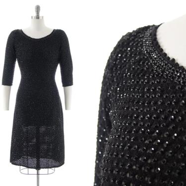 Vintage 1950s Sweater Dress | 50s GENE SHELLY Black Knit Wool Sequin Sequined Beaded Wiggle Evening Cocktail Party Dress (small/medium) 