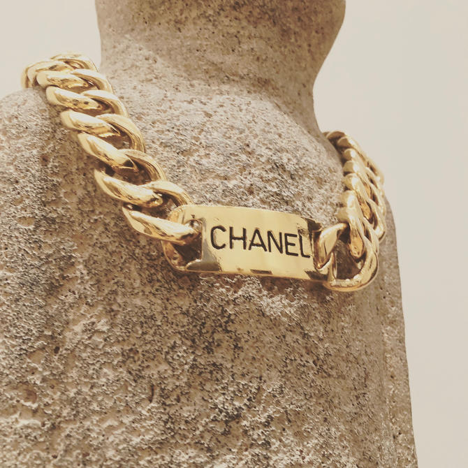 CHANEL, Jewelry, Chanel 24k Flash Gold Plated Logo Id Necklace Curb Chain  Unisex