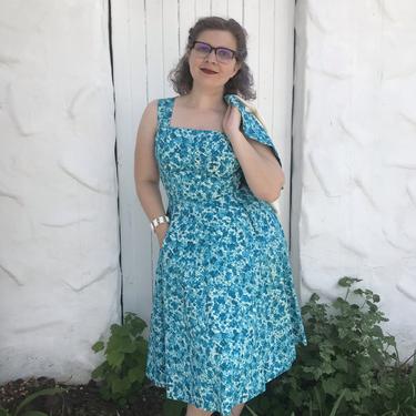 1950s Teal Floral Cotton Dress with Matching Cardigan + Belt