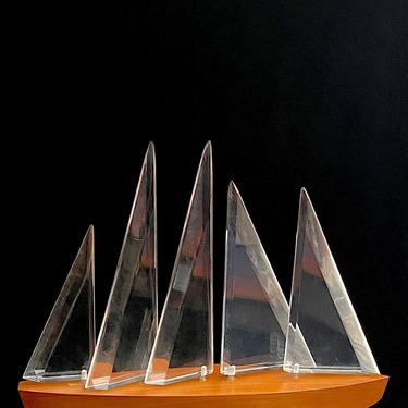 Vintage 1960s 1970s Large Wood and Lucite Clear Acrylic Plastic Sailboat Sculpture w 5 Sails and Lucite Bases 14 3/8&quot; Tall X 18.25&quot; Long 