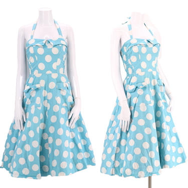 50s cotton full skirt halter dress  / vintage 1950s MYLADY robins egg blue polka dot pin up mid century sundress M 