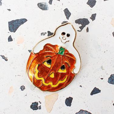 Vintage 1990s Halloween Pin - Spooky Ghost &amp; Jack-o-lantern Pumpkin Brooch 