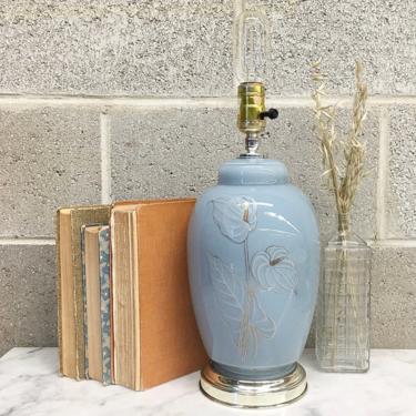 Vintage Table Lamp Retro 1980s Contemporary Style + Baby Blue + Glass + Peace Lily + Mood Lighting + Home and Table Decor 