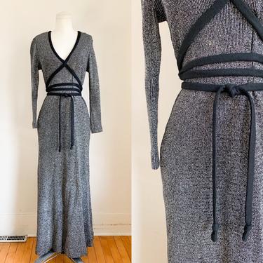 Vintage 1970s Lord &amp; Taylor Silver Lurex and Black Knit Maxi Dress / M 