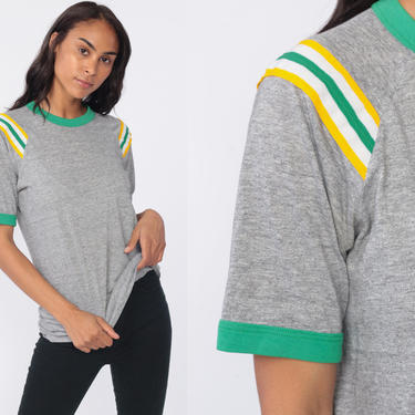 Grey Ringer Tee Shirt 80s Striped T Shirt Baseball Tee