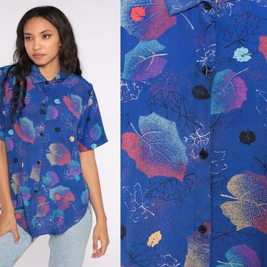 80s Button Up Shirt Leaf Print Blouse 90s Royal Blue Print Short Sleeve Top Boho 1980s 1990s Patterned Shirt Vintage Button Down Large L 