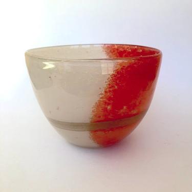 Beautiful Anorinver Hand Blown Art Glass Large Bowl Abstract Orange and White 