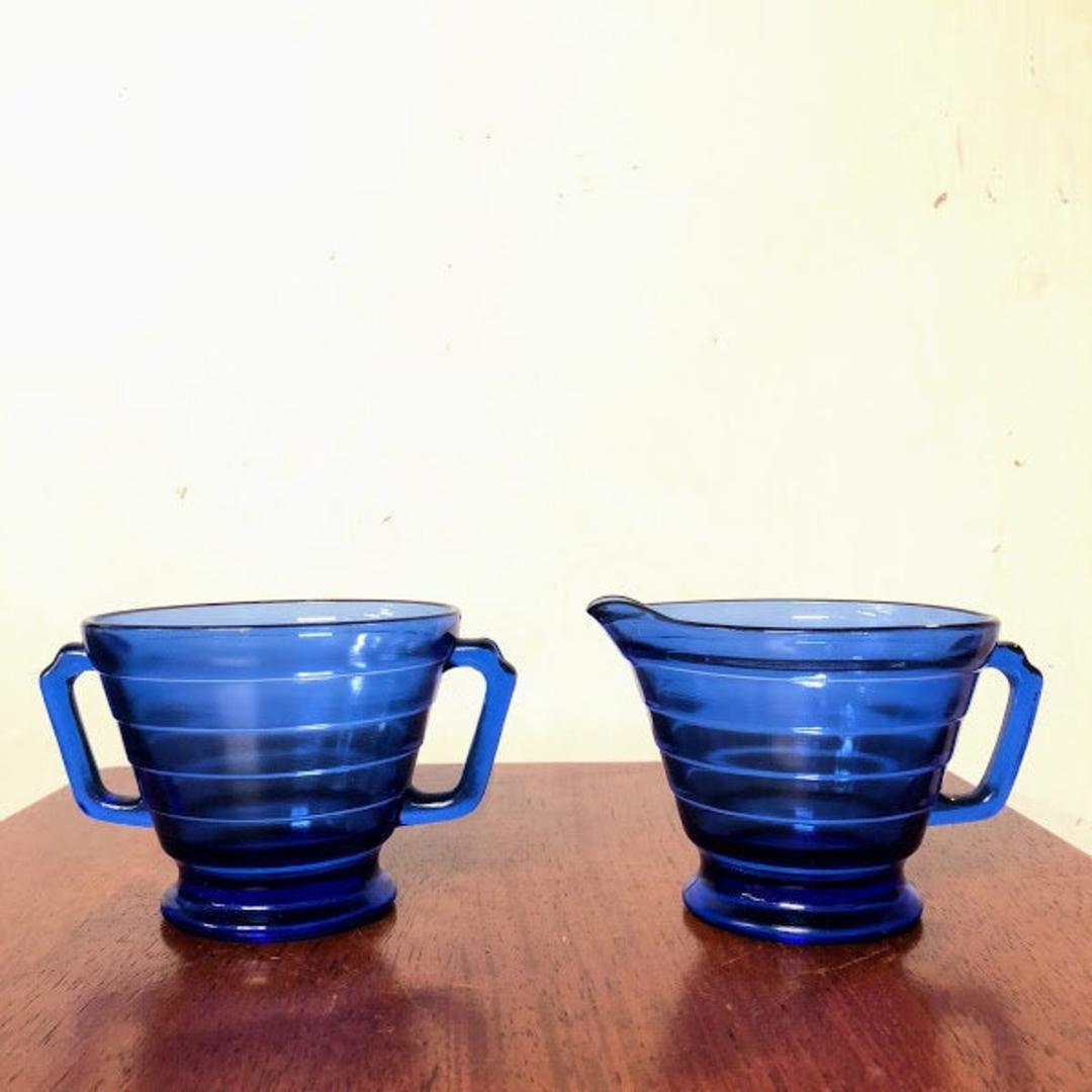 Vintage Hazel Atlas Moderntone Cobalt Blue Glass Sugar and Creamer