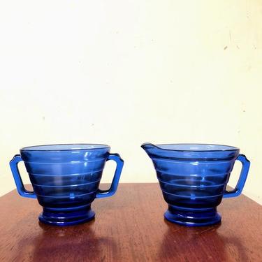 Vintage Hazel Atlas Moderntone Cobalt Blue Glass Sugar and Creamer 