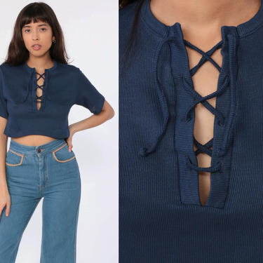 Lace Up Blouse Crop Top Bohemian Shirt CORSET 70s Hippie Festival Boho Top Dark Blue 1970s Vintage Short Sleeve Extra Small xs s 2 4 