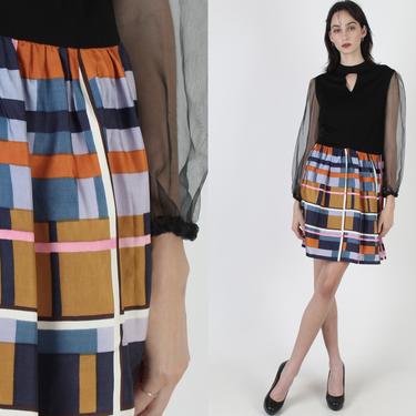 1970s Geometric Checker Skirt Dress / Vintage 70s Black Sheer Sleeves / Minimalist Disco Party Shirt Mini / Colorful Futuristic Dress 