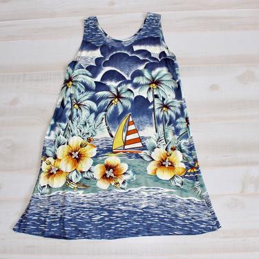 Vintage Hawaiian Dress, Beach Dress, Cover Up Dress, Vacation Dress, Tropical Dress, Novelty Print Dress, Tank Dress, Summer Dress 