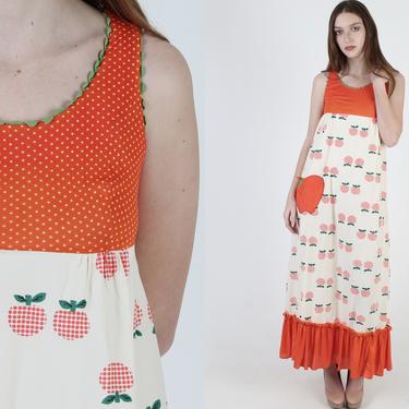 Vintage 70s Apple Orchard Dress Prairie Festival Ivory Polka Dot Boho Party Maxi Dress 
