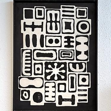 EARLY 60s MIXED MEDIA GLYPHIC RELIEF PAINTING BY GWEN LESEMANN